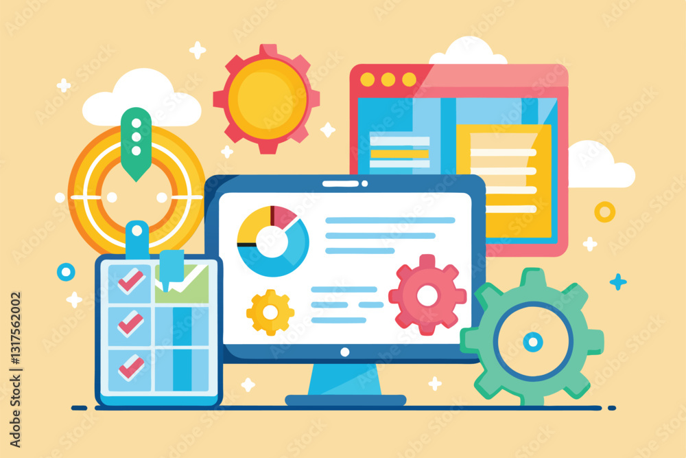 Naklejka premium This interface showcases various tools for digital project management with colorful graphics and analytics, Settings Customizable Flat Illustration
