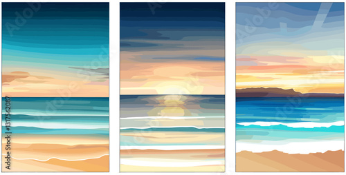 Creative gradients in summer colors, ocean horizon, sunsets, beach, vibrant summer, tropical landscape, warm sky, beach view, relaxing vacation, sunset vibes