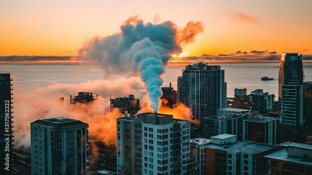 Cityscape sunrise, industrial smoke plume, lake, urban pollution, environmental impact, stock photo