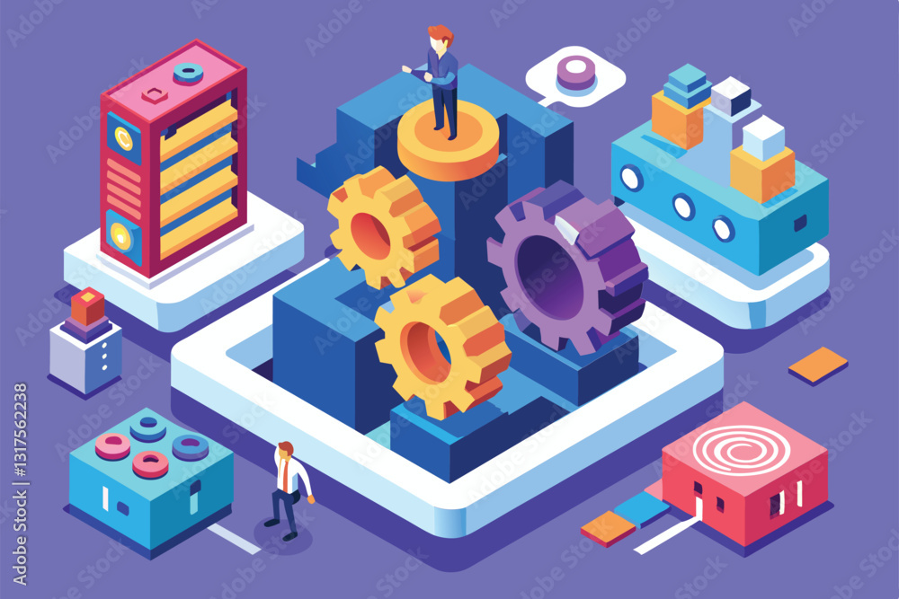 Individuals interact with colorful gears and technology elements in a customizable isometric design, Settings Customizable Isometric Illustration Individuals interact with colorful gears and technology elements in a customizable isometric design, Settings Customizable Isometric Illustration