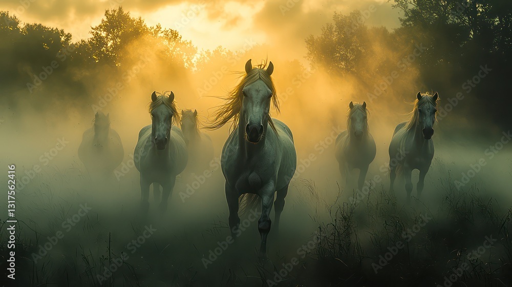 Fototapeta premium Majestic white horses galloping through a hazy and illuminated landscape scene