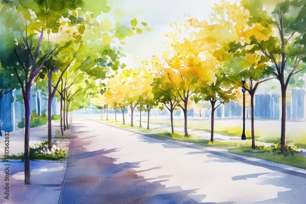 Naklejka premium Street trees lining a modern urban road, watercolor landscape illustration
