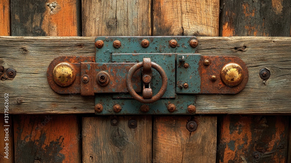 Old door's latch with rust, weathered wood. Intricate details Old door's latch with rust, weathered wood. Intricate details