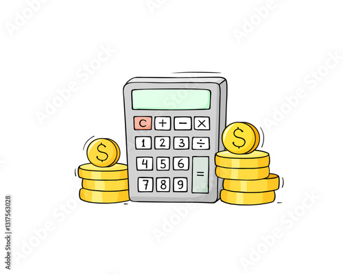 Financial concept with credit calculator, money. Vector sketch illustration of doodle man calculate debt for dividend, mortgage, bank.