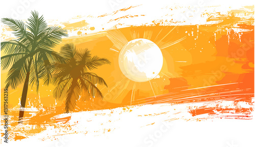 Hot sunny days, summertime background with palm trees, white brush strokes, vector illustration, summer sun, tropical beach, season design, vacation vibes, sunny landscape