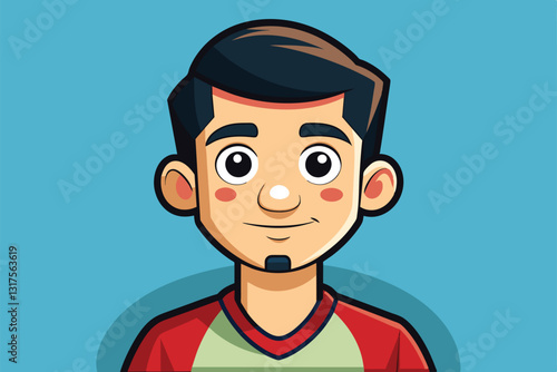 A cheerful young man with dark hair and a bright smile, illustrated in a fun, cartoon style, Setup Customizable Cartoon Illustration
