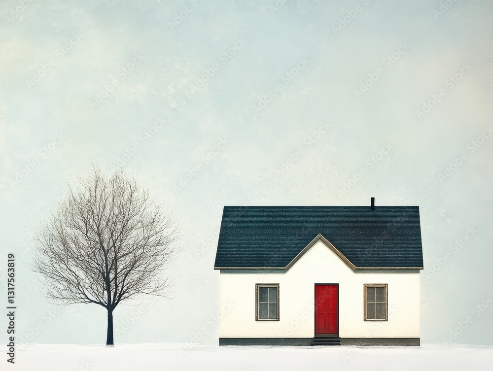 A small white house stands next to a bare winter tree