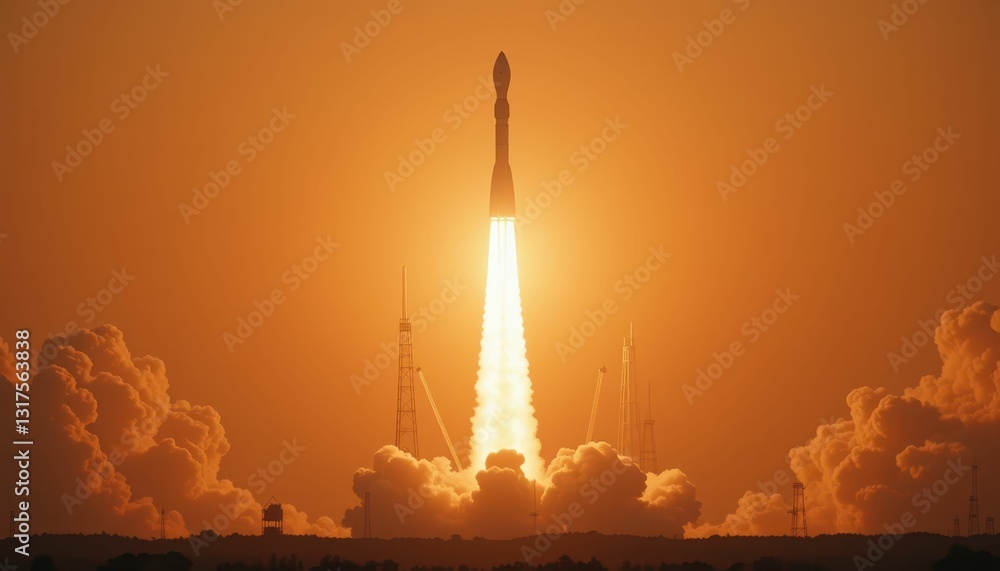 Rocket Launch at Sunset with Dramatic Clouds and Orange Sky Rocket Launch at Sunset with Dramatic Clouds and Orange Sky