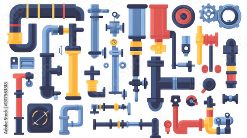 Details pipes different types collection of water tube industry gas valve construction and oil industrial pressure technology plumbing vector illustration.