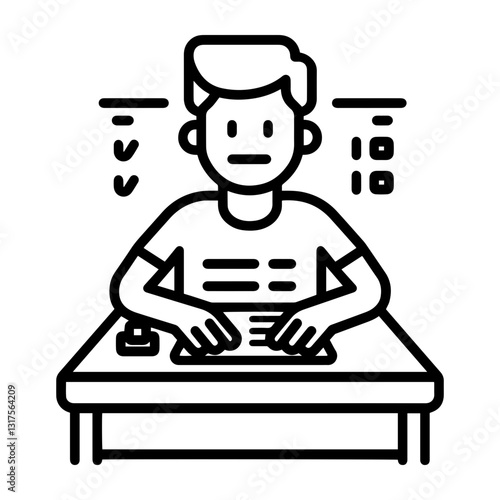 Line art of a student taking an exam at a desk with papers