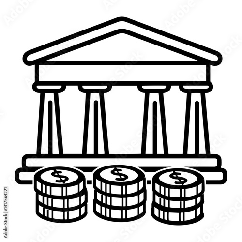 Line art of a bank building with stacks of coins in front