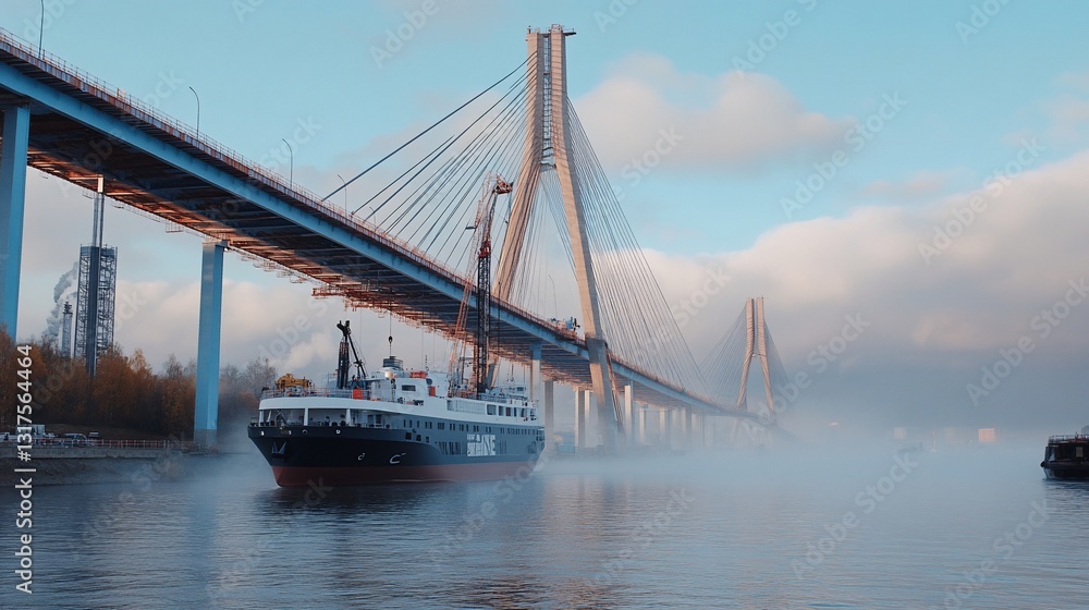 Obraz premium Misty River Cable Stayed Bridge Landscape