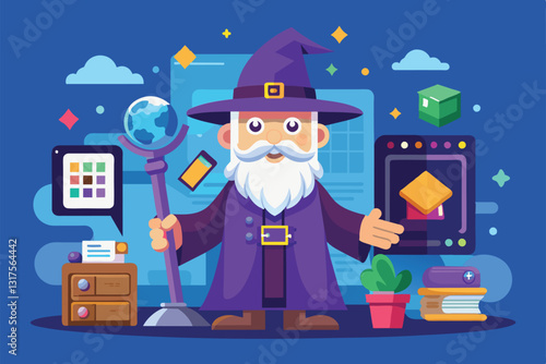 A whimsical setup wizard character stands amidst icons, tools, and books, showcasing customization options, Setup wizard Customizable Cartoon Illustration