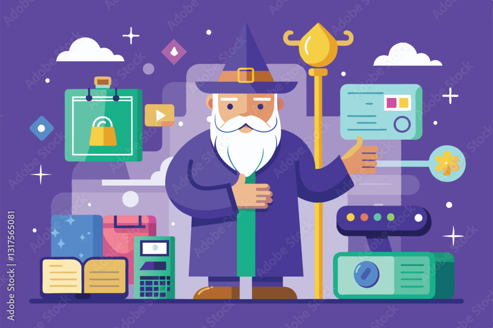 A whimsical wizard character offers guidance in a customizable setup process with various tools and elements, Setup wizard Customizable Flat Illustration A whimsical wizard character offers guidance in a customizable setup process with various tools and elements, Setup wizard Customizable Flat Illustration