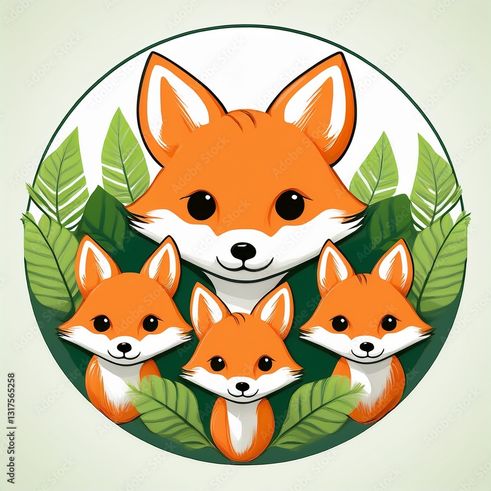 Obraz premium logo badge dessin animaux en groupe, renards mignons en famille en ia