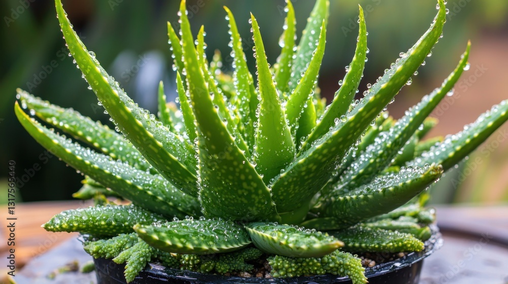 Succulent plant with water droplets on leaves, close-up, blurred background Succulent plant with water droplets on leaves, close-up, blurred background