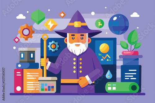 A customizable wizard character is depicted with various vibrant elements and tools for project setup, Setup wizard Customizable Semi Flat Illustration
