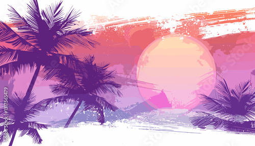 Hot sunny days, Summertime vector background with palm trees, violet summer sun, white brush strokes, tropical vibes, beach design, sunny season graphic, summer scene