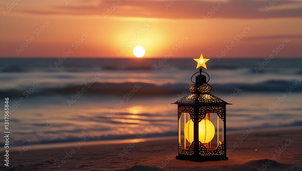A glowing lantern sits on the sandy beach, casting warm light as the sun sets on the horizon A glowing lantern sits on the sandy beach, casting warm light as the sun sets on the horizon