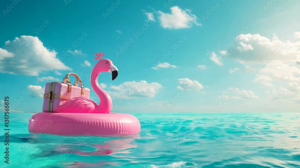 A pink inflatable flamingo with a suitcase floats in the sea or ocean under the bright sun. Summer sea holiday concept
A pink inflatable flamingo with a suitcase floats in the sea or ocean under the bright sun. Summer sea holiday concept