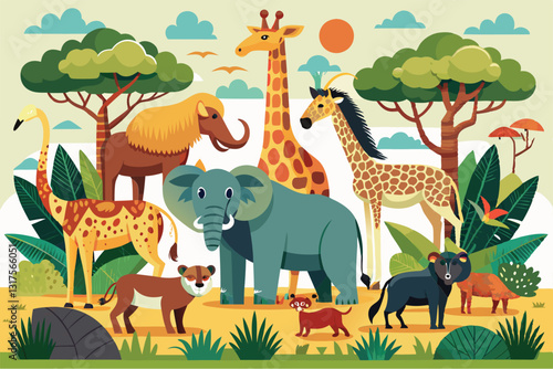 A collection of iconic African animals such as elephants and giraffes displayed in a lively flat design, Set with African wild animals Flat style