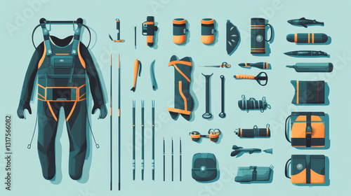 Set of flat elements for spearfishing diving underwater protective sea diver equipment vector professional hunter tools. photo