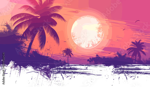 Violet Summertime background with palm trees, white brush strokes, sunny days, tropical sun, beach graphic, summer vibes, season design, summer illustration