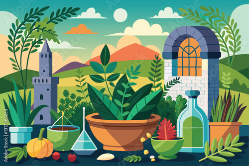 This colorful herb garden features various plants set against a picturesque landscape and old architecture, Set with herbs,