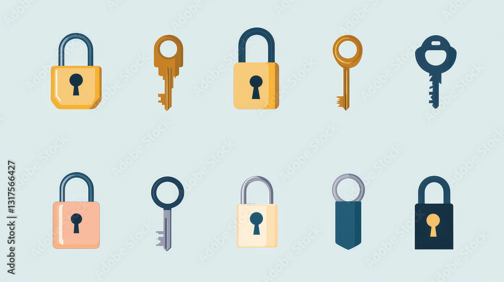 Different house door lock icons set vector safety password privacy element with key and padlock, protection security keyhole vector illustration. Different house door lock icons set vector safety password privacy element with key and padlock, protection security keyhole vector illustration.