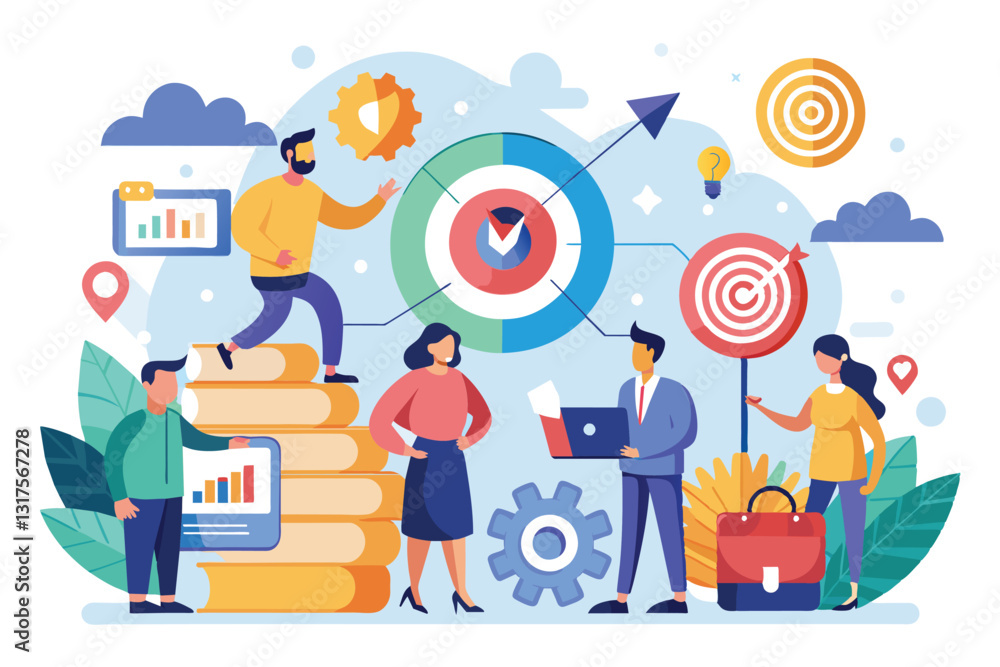 A diverse group of professionals collaborates on objectives while surrounded by technology and charts, Shared goals Customizable Flat Illustration A diverse group of professionals collaborates on objectives while surrounded by technology and charts, Shared goals Customizable Flat Illustration