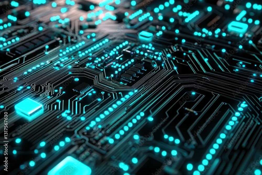 Illuminated circuit board with intricate pathways and bright blue components Illuminated circuit board with intricate pathways and bright blue components