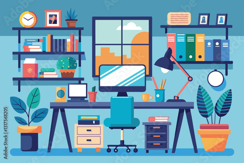 A bright, inviting workspace featuring a computer, plants, and organized shelves filled with books and supplies, Shared workspace Customizable Flat Illustration