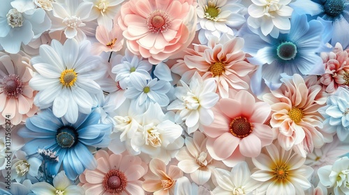 Multi-colored translucent leaves and pastel-colored flowers are superimposed on each other on a soft background, creating a delicate and airy visual effect. The concept of nature.