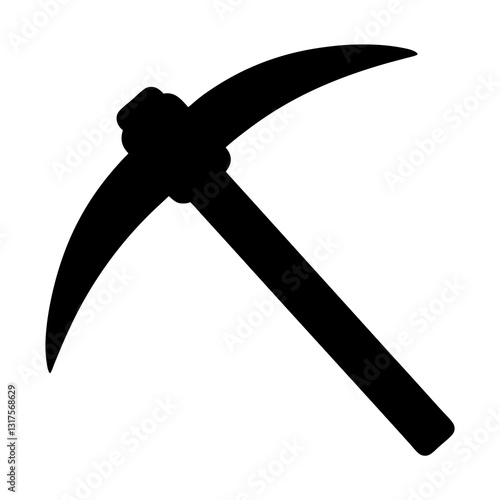 silhouette of pickaxe with long handle and curved blade for mining and construction  
