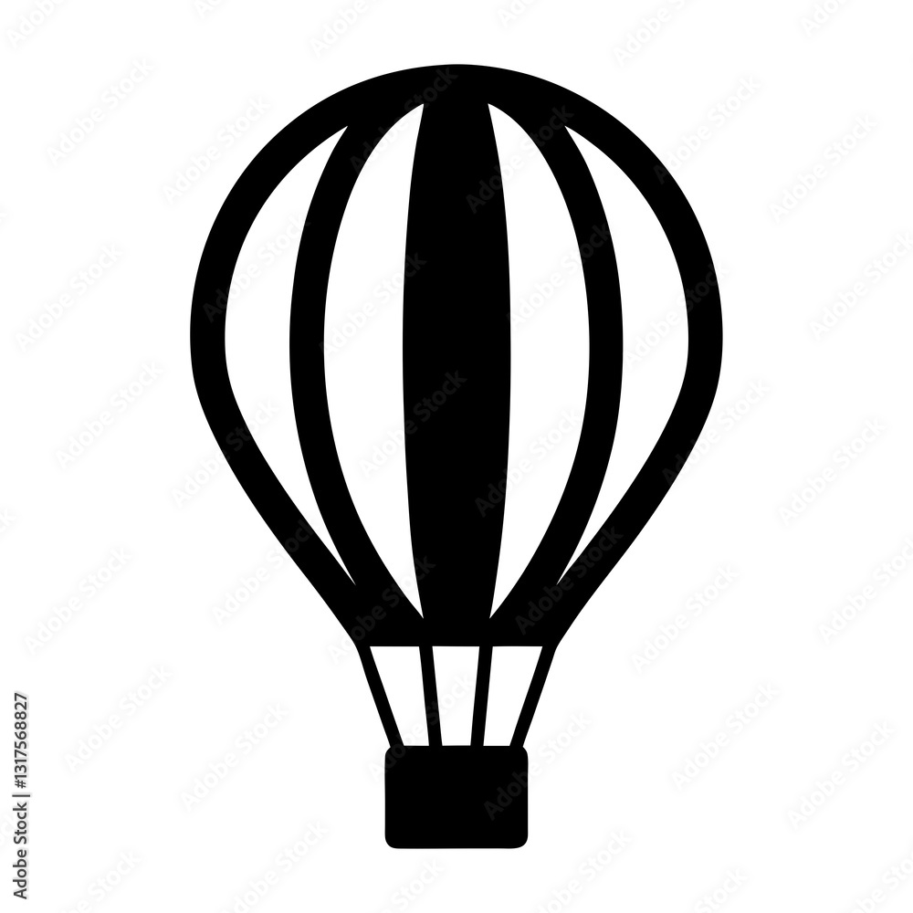 black and white silhouette of hot air balloon with vertical stripes and small basket
black and white silhouette of hot air balloon with vertical stripes and small basket