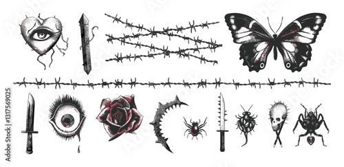Modern vector illustration, Y2K goth core, barbed wire heart, butterfly, rose stickers, 2000s grunge style, trendy photocopy effect, knife, human eye, retro elements, stylish frames.