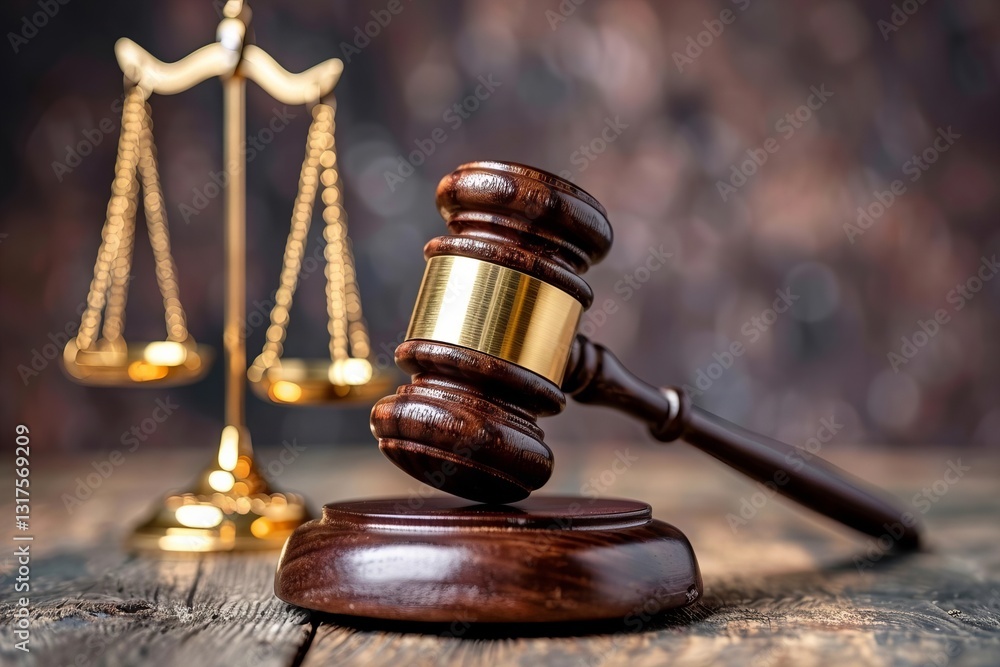 Close-Up of Wooden Gavel with Gold Scale on Table, Symbolizing Law and Justice Close-Up of Wooden Gavel with Gold Scale on Table, Symbolizing Law and Justice