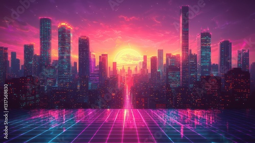 A futuristic neon city skyline beneath a vibrant sunset backdrop