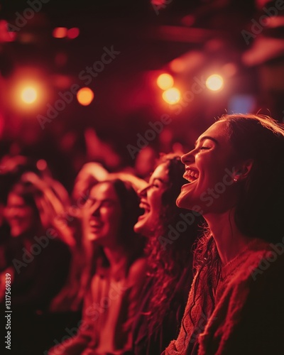 Diverse crowd enjoying a comedy night filled with laughter and bright stage lights at a club