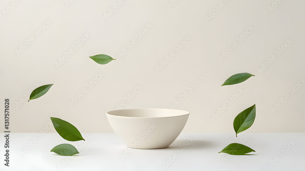 Minimalistic white bowl with floating green leaves on neutral background Minimalistic white bowl with floating green leaves on neutral background