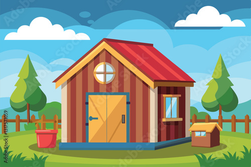 This customizable cartoon shed features vibrant colors, a fenced yard, and a bright sky, creating a lively atmosphere, Shed Customizable Cartoon Illustration