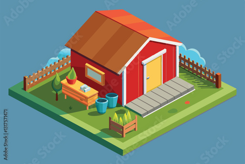 A colorful isometric illustration features a red shed surrounded by trees and garden elements in a vibrant layout, Shed Customizable Isometric Illustration