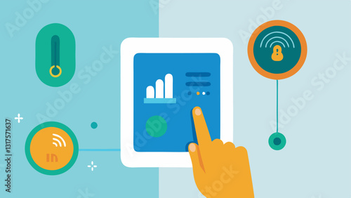Smart Thermostat Interface An illustration showing a digital thermostat on a wall displaying temperature settings and energy usage graphs with a hand adjusting the controls.