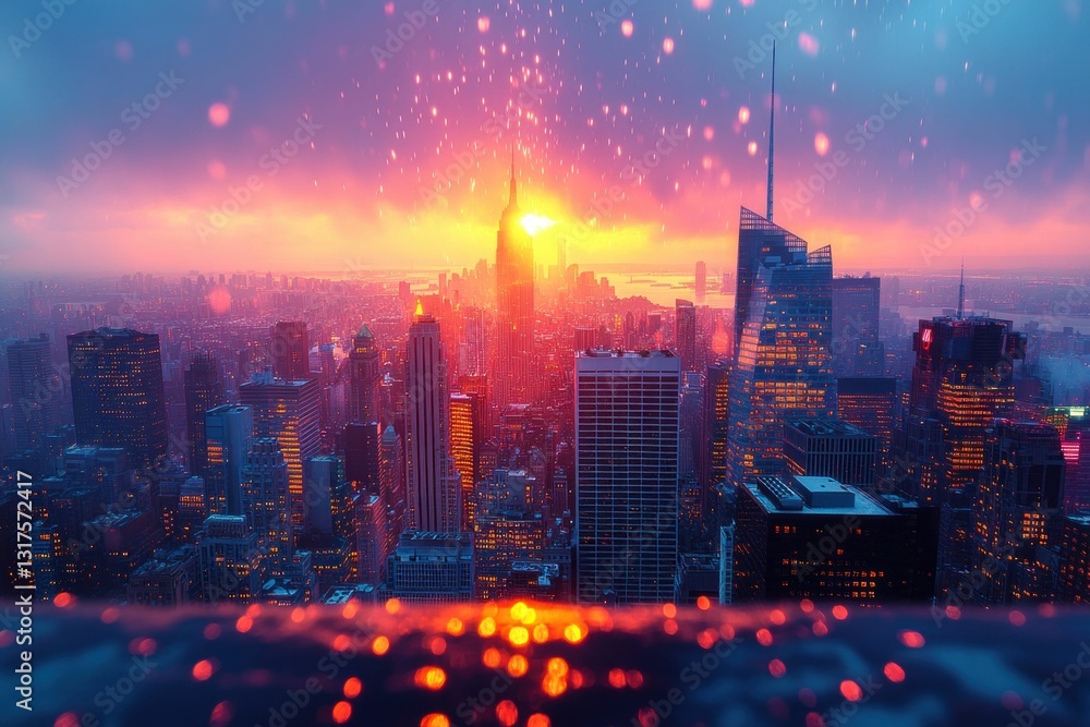 Fototapeta premium Dramatic sunset cityscape vibrant colors urban skyline