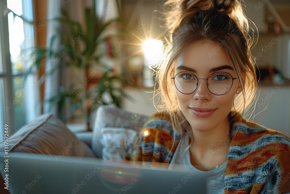 A young woman browsing online while seated on a couch with a laptop. A young woman browsing online while seated on a couch with a laptop.
