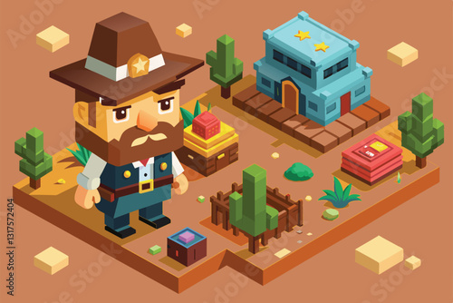 A customizable sheriff character stands in a lively western town filled with structures, plants, and unique details, Sheriff Customizable Isometric Illustration
