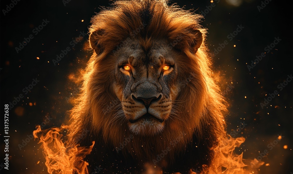 Naklejka premium Fiery lion portrait powerful majestic wild