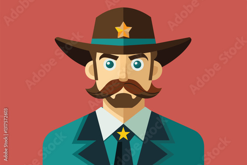 A sheriff character with a mustache and hat in a customizable semi-flat design against a bold background, Sheriff Customizable Semi Flat Illustration