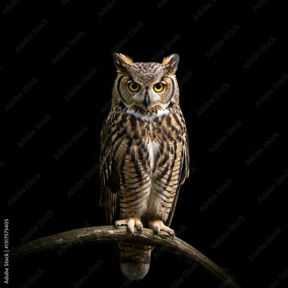 great horned owl, owl on a branch, owl on a branch in the night great horned owl, owl on a branch, owl on a branch in the night