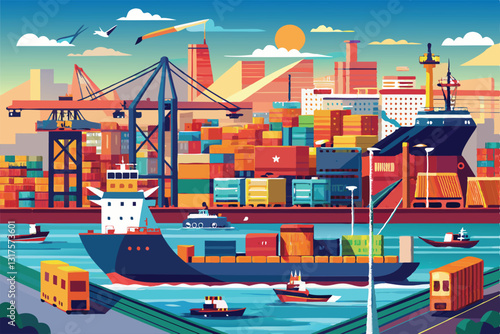 The bustling port features various cargo ships and cranes loading containers as the sun sets, Shipping industry